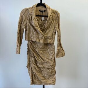 Carmen Marc Valvo Tan Ruched Dress with Cropped Jacket Size 4